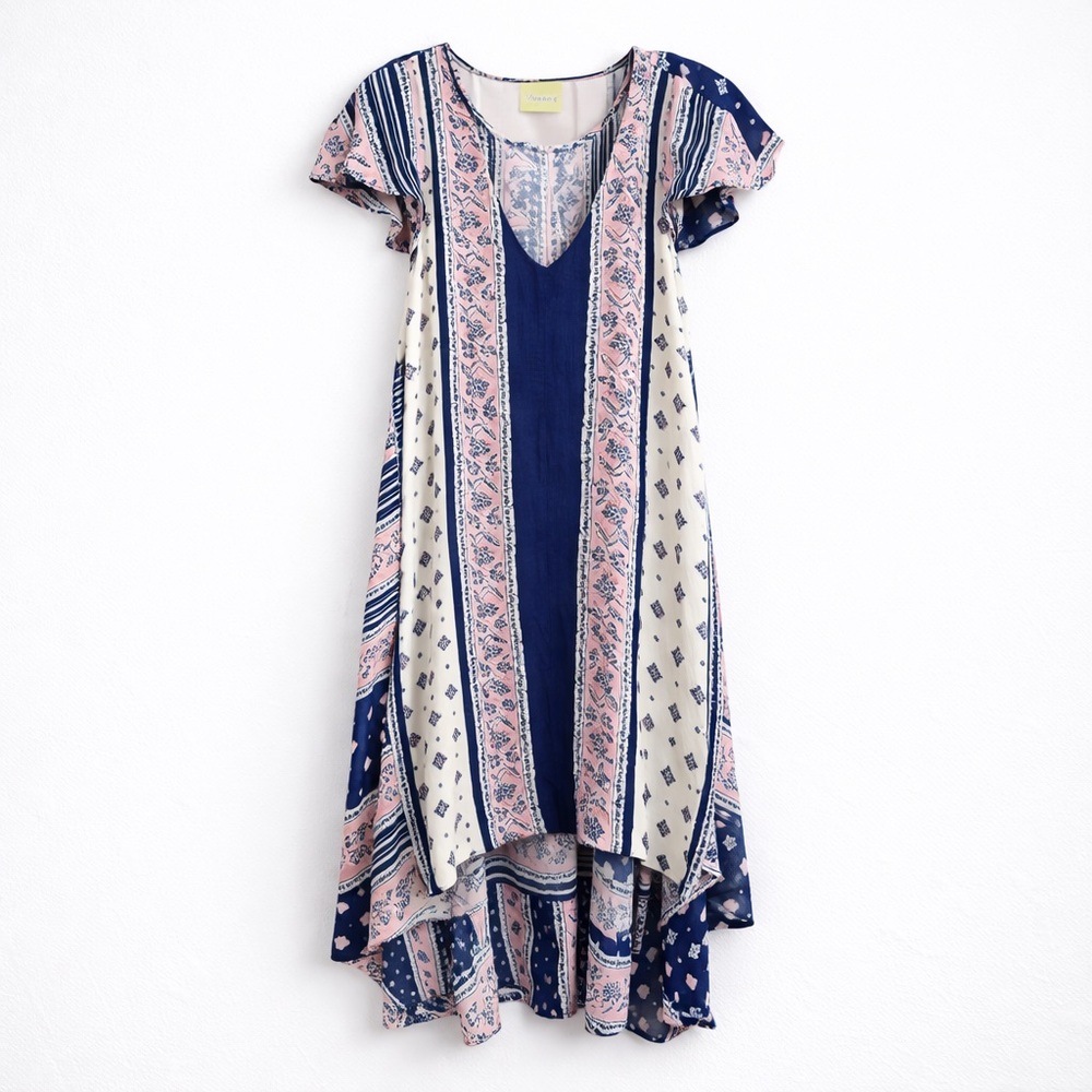 Maeve Anthropologie Boho High Low Maxi Dress | Navy Pink Print | Size Large